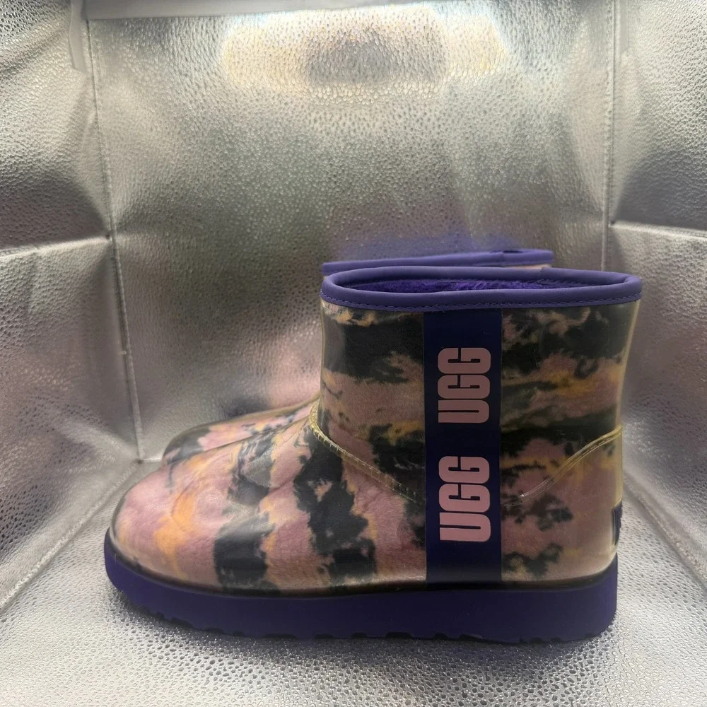 Size 9 UGG Classic Clear Mini‎ Violet Night Marble Womens Pull On Rain Boots